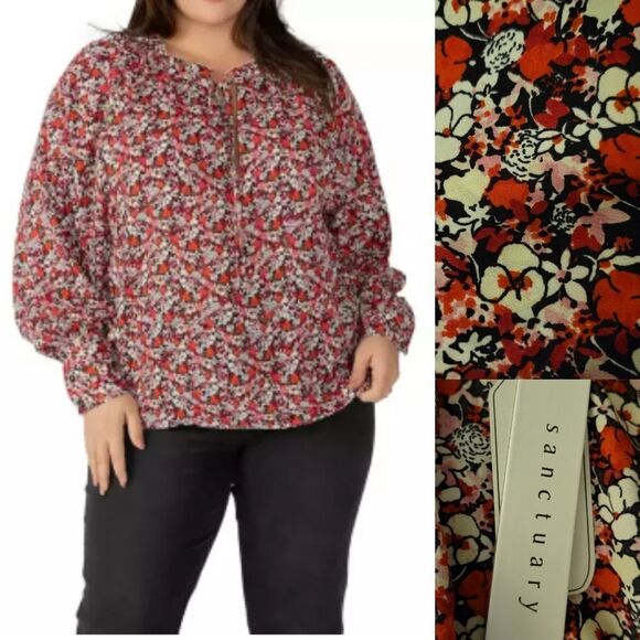 NEW 2X STITCH FIX SANCTUARY FLORAL LONG SLEEVE TIE RED PINK BLACK BLOUSE TOP NWT - Picture 1 of 10